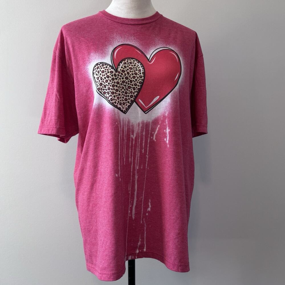 Leopard Print Heart Valentine Graphic T-Shirt Double Hearts Bleach XL